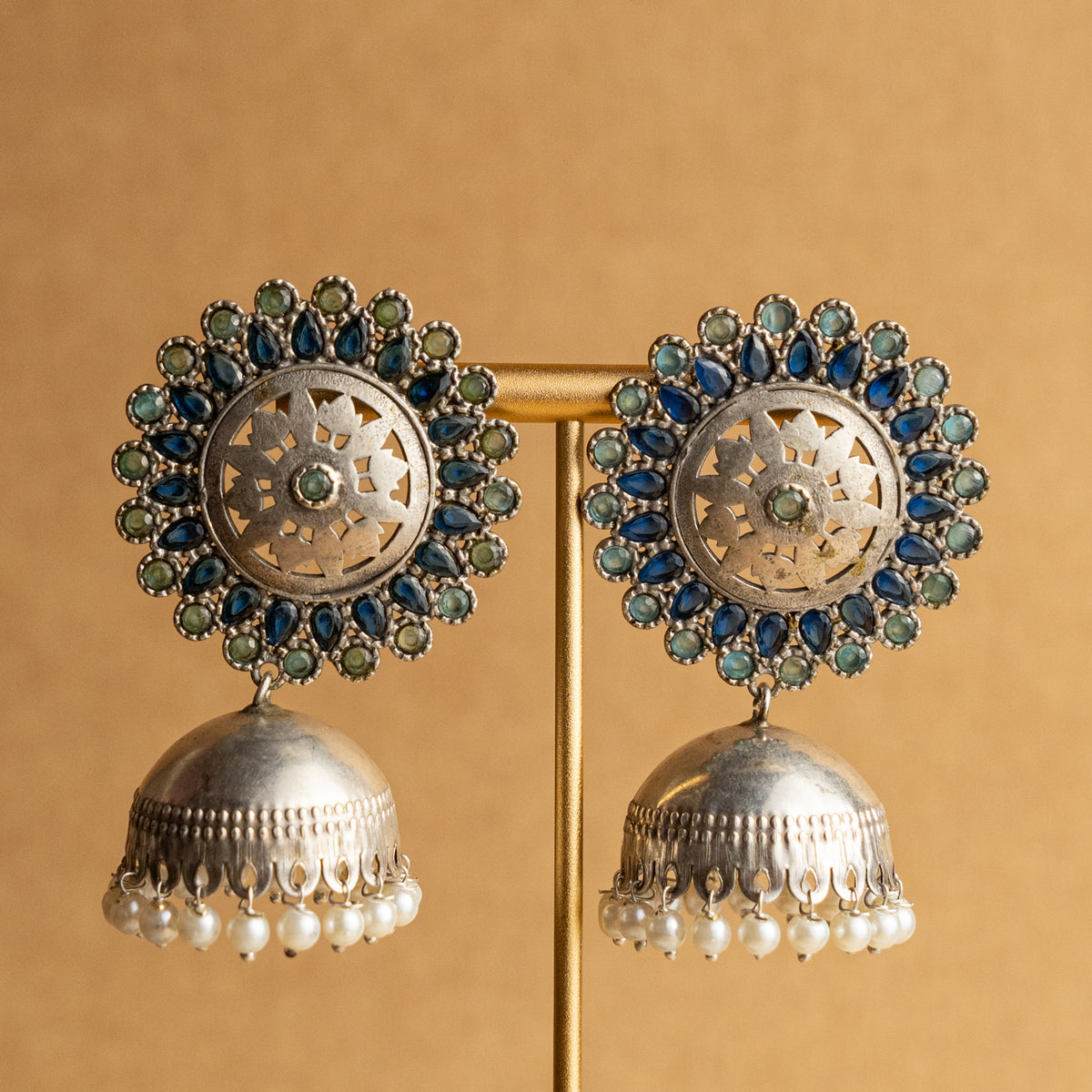 FAUX SILVER CARVING STONE JHUMKAS/ EARRINGS ER694