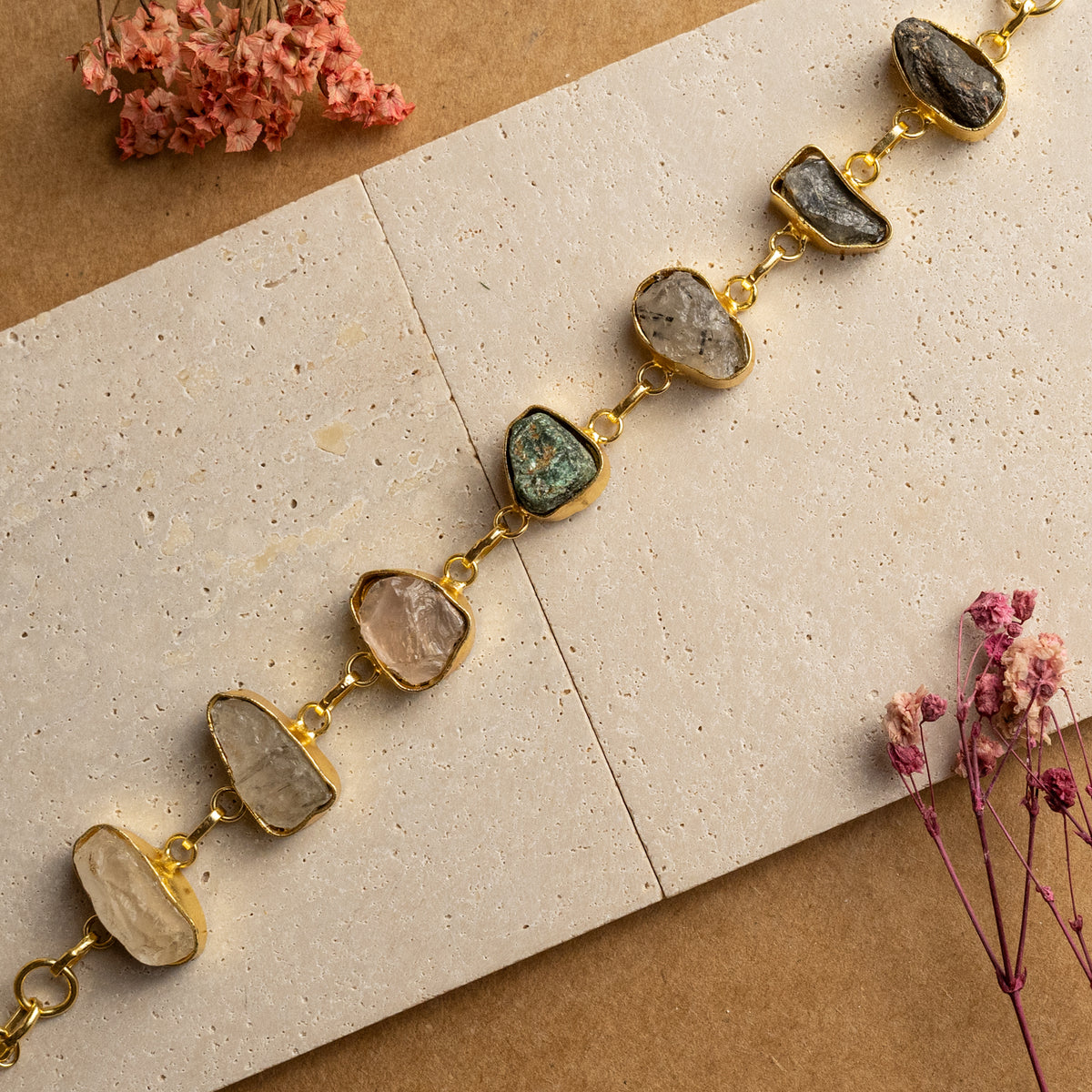 KRITHASHANA HAND HAMMERED AND HANDMADE GOLD TONED RAW STONE CLASSIC BRACELET BR30