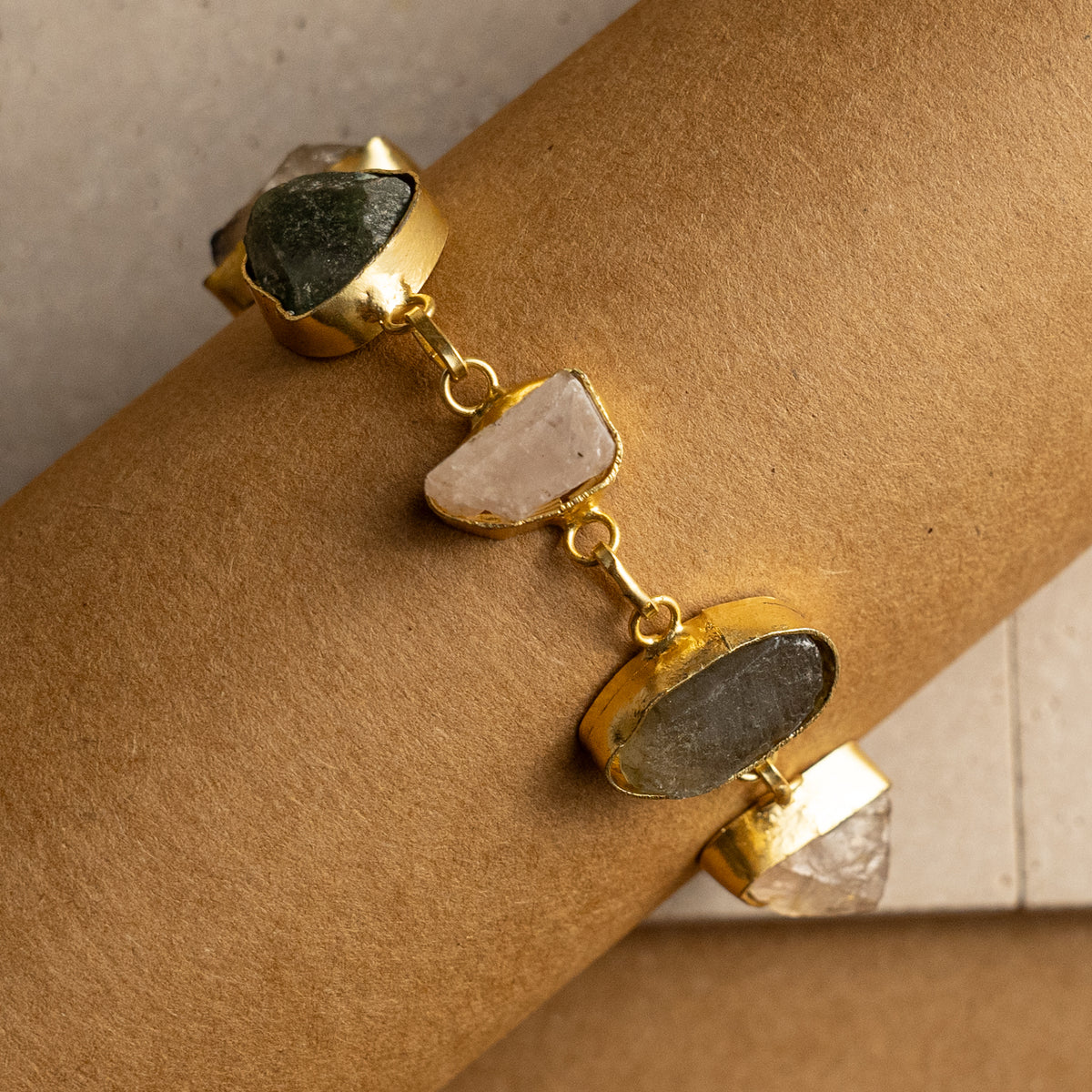 MIRALA HAND HAMMERED AND HANDMADE GOLD TONED RAW STONE CLASSIC BRACELET BR29