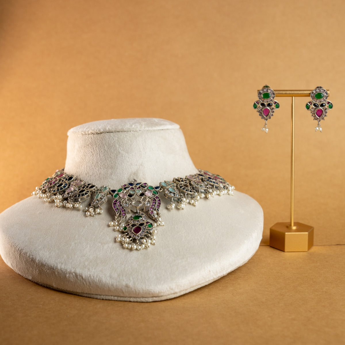 VARDHANA FAUX SILVER PREMIUM SEMI HANDMADE NECKLACE WITH EARRINGS NL127