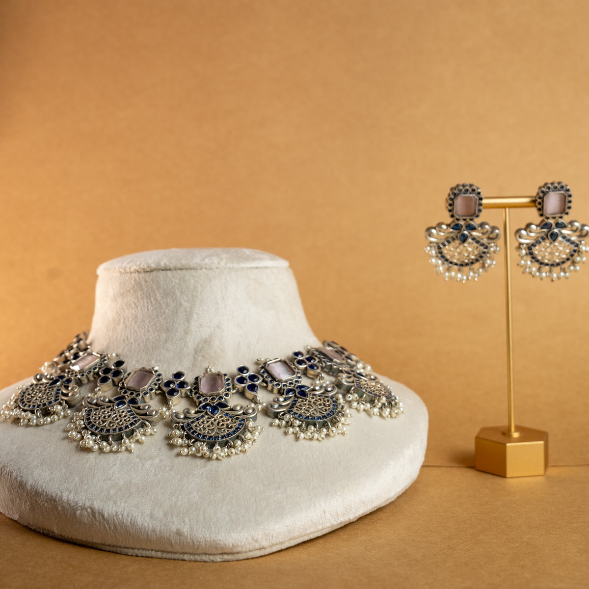 NIMISHA FAUX SILVER PREMIUM SEMI HANDMADE NECKLACE WITH EARRINGS NL126