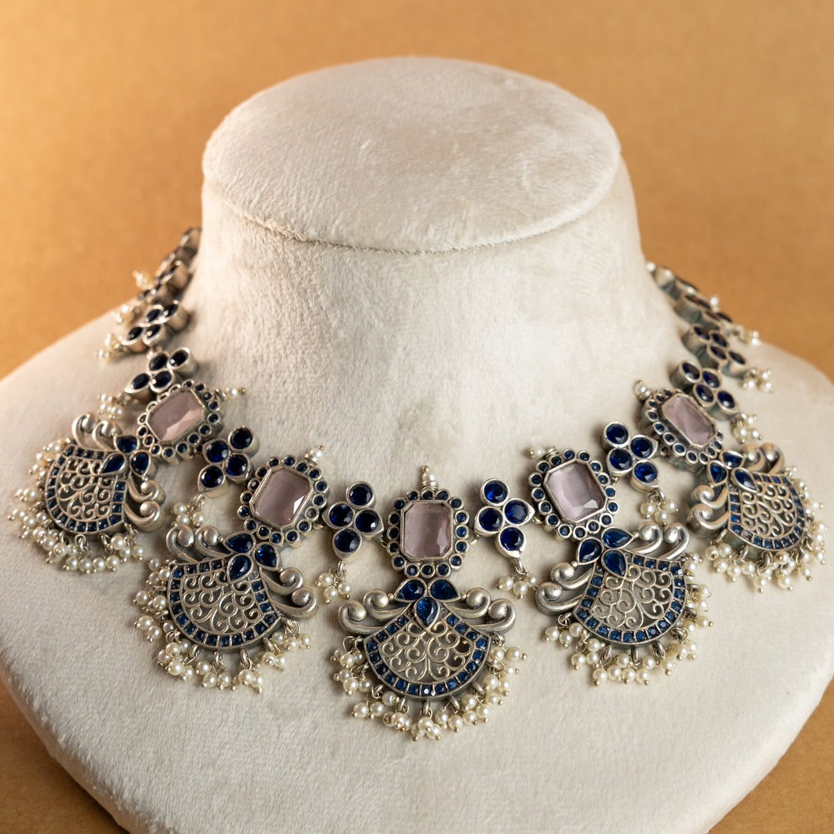 NIMISHA FAUX SILVER PREMIUM SEMI HANDMADE NECKLACE WITH EARRINGS NL126