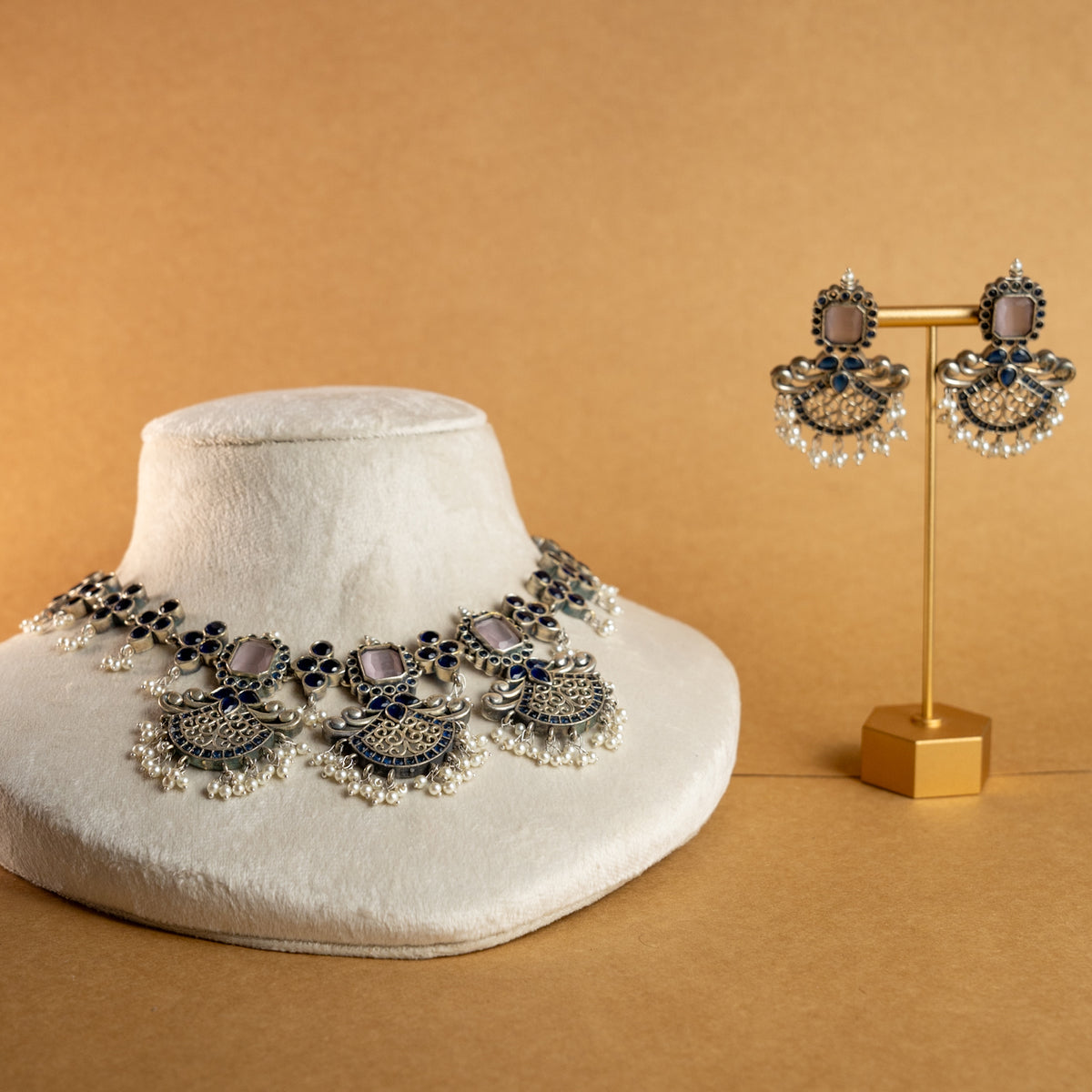 NIMISHA FAUX SILVER PREMIUM SEMI HANDMADE NECKLACE WITH EARRINGS NL126