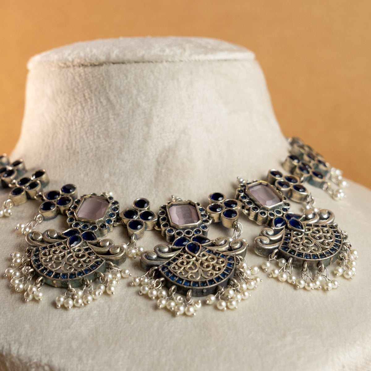 NIMISHA FAUX SILVER PREMIUM SEMI HANDMADE NECKLACE WITH EARRINGS NL126