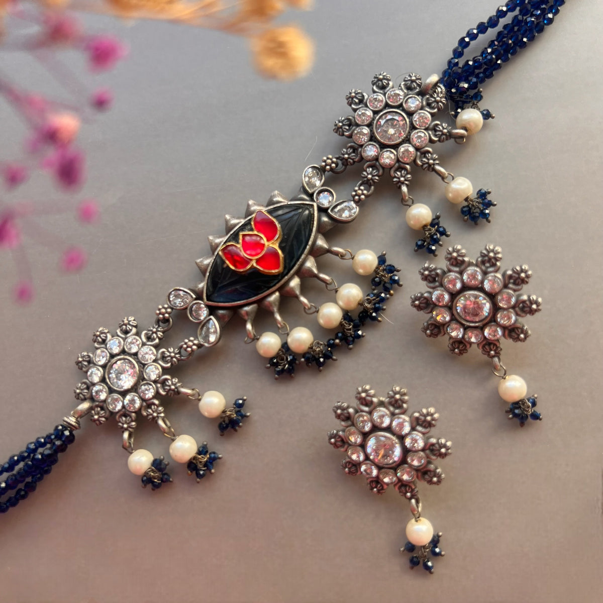 MEDHA SILVER LOOK ALIKE AND RUSTIC FINISH SEMI HANDMADE CHOKER WITH EARRINGS CH493