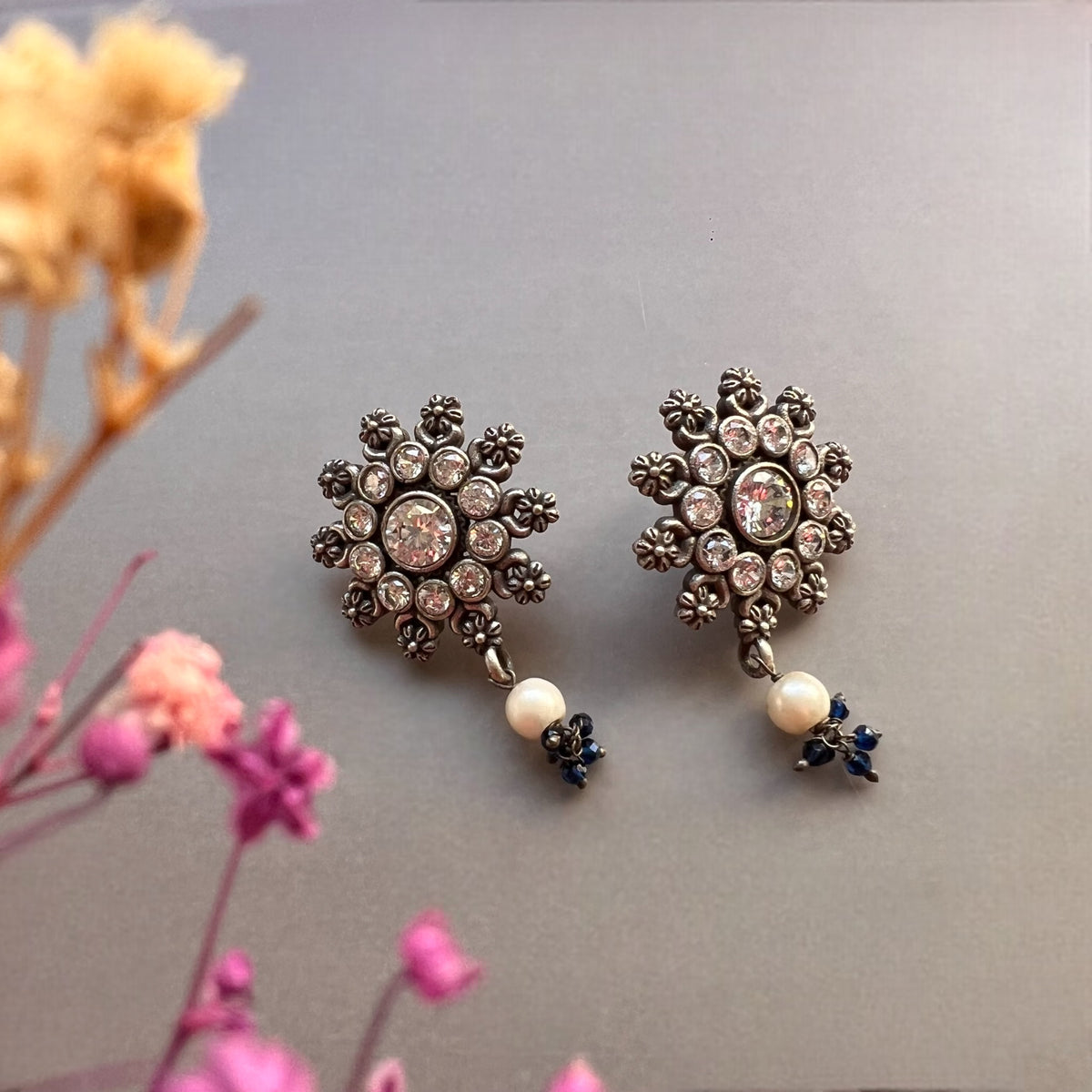 MEDHA SILVER LOOK ALIKE AND RUSTIC FINISH SEMI HANDMADE CHOKER WITH EARRINGS CH493