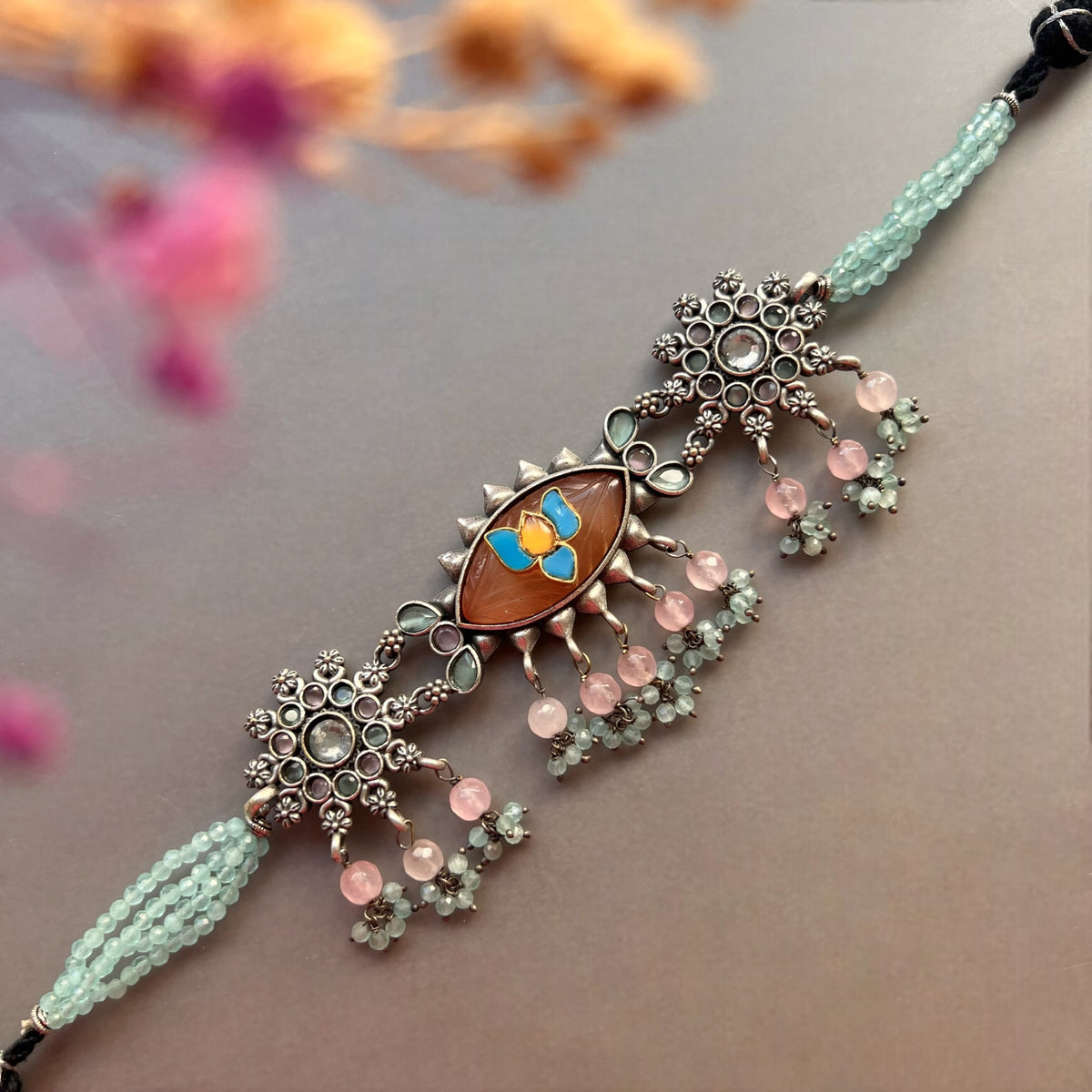 MEDHA SILVER LOOK ALIKE AND RUSTIC FINISH SEMI HANDMADE CHOKER WITH EARRINGS CH493