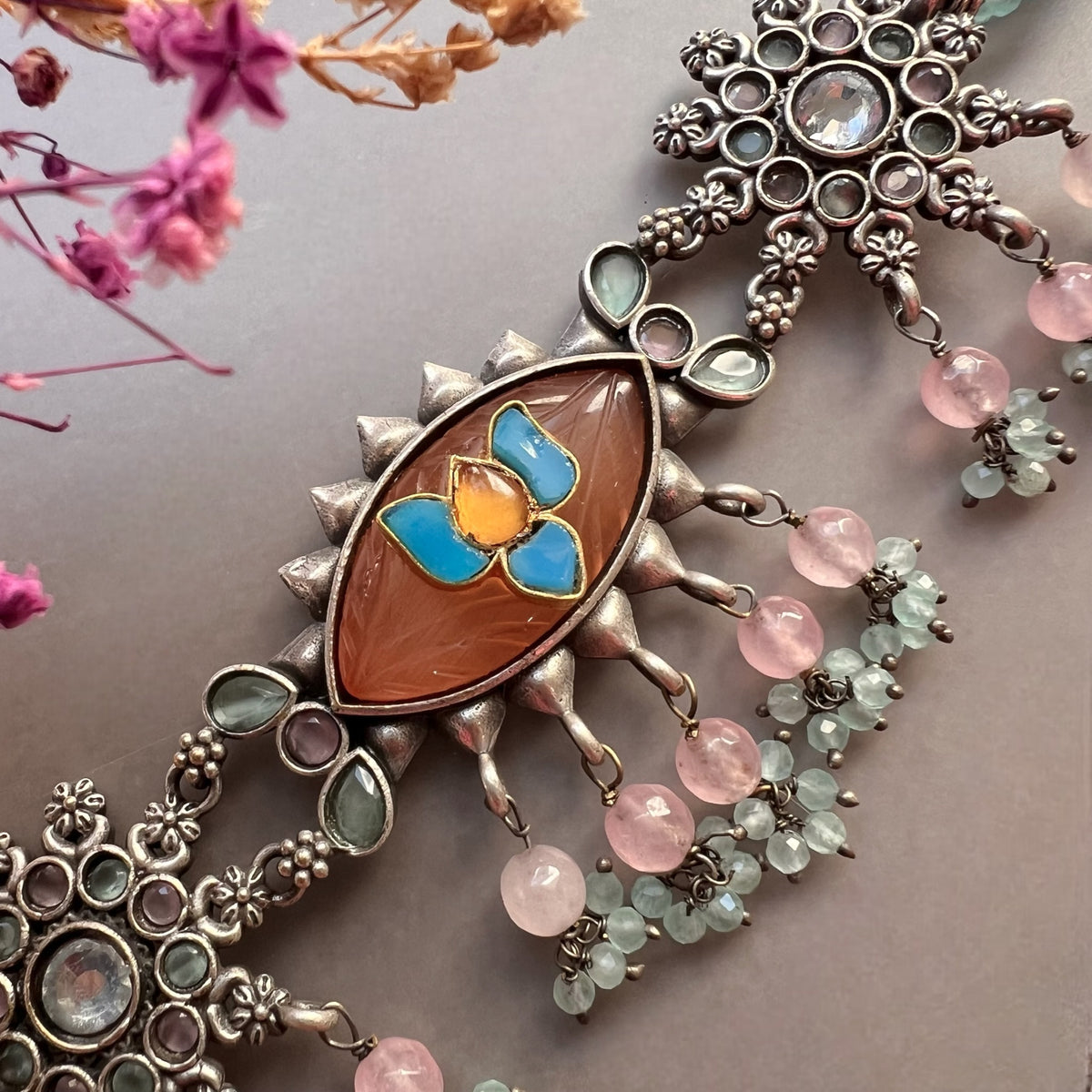 MEDHA SILVER LOOK ALIKE AND RUSTIC FINISH SEMI HANDMADE CHOKER WITH EARRINGS CH493