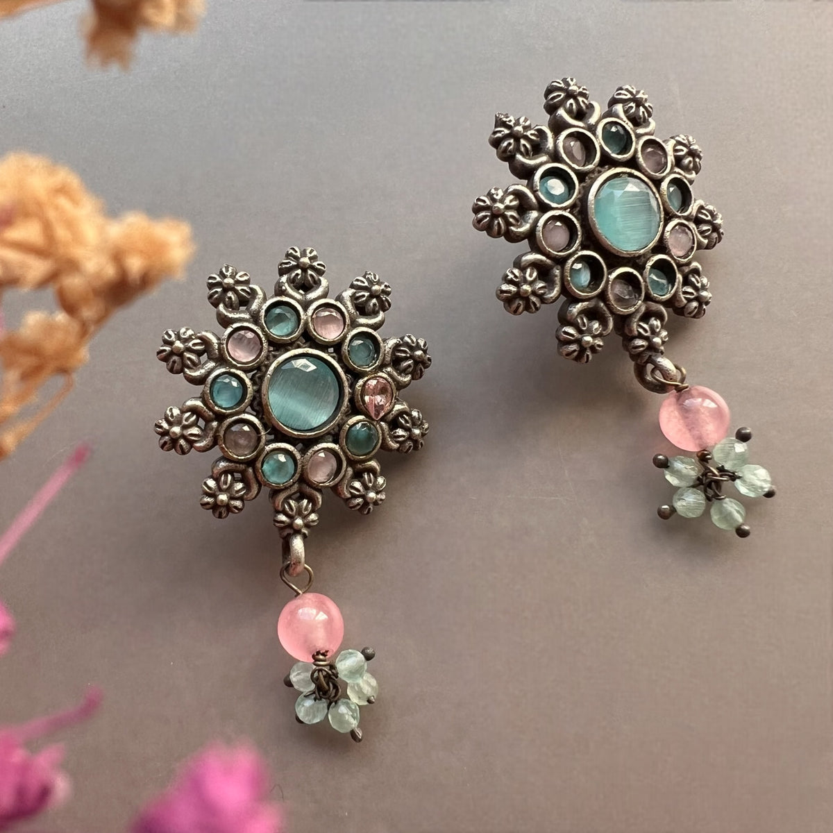 MEDHA SILVER LOOK ALIKE AND RUSTIC FINISH SEMI HANDMADE CHOKER WITH EARRINGS CH493