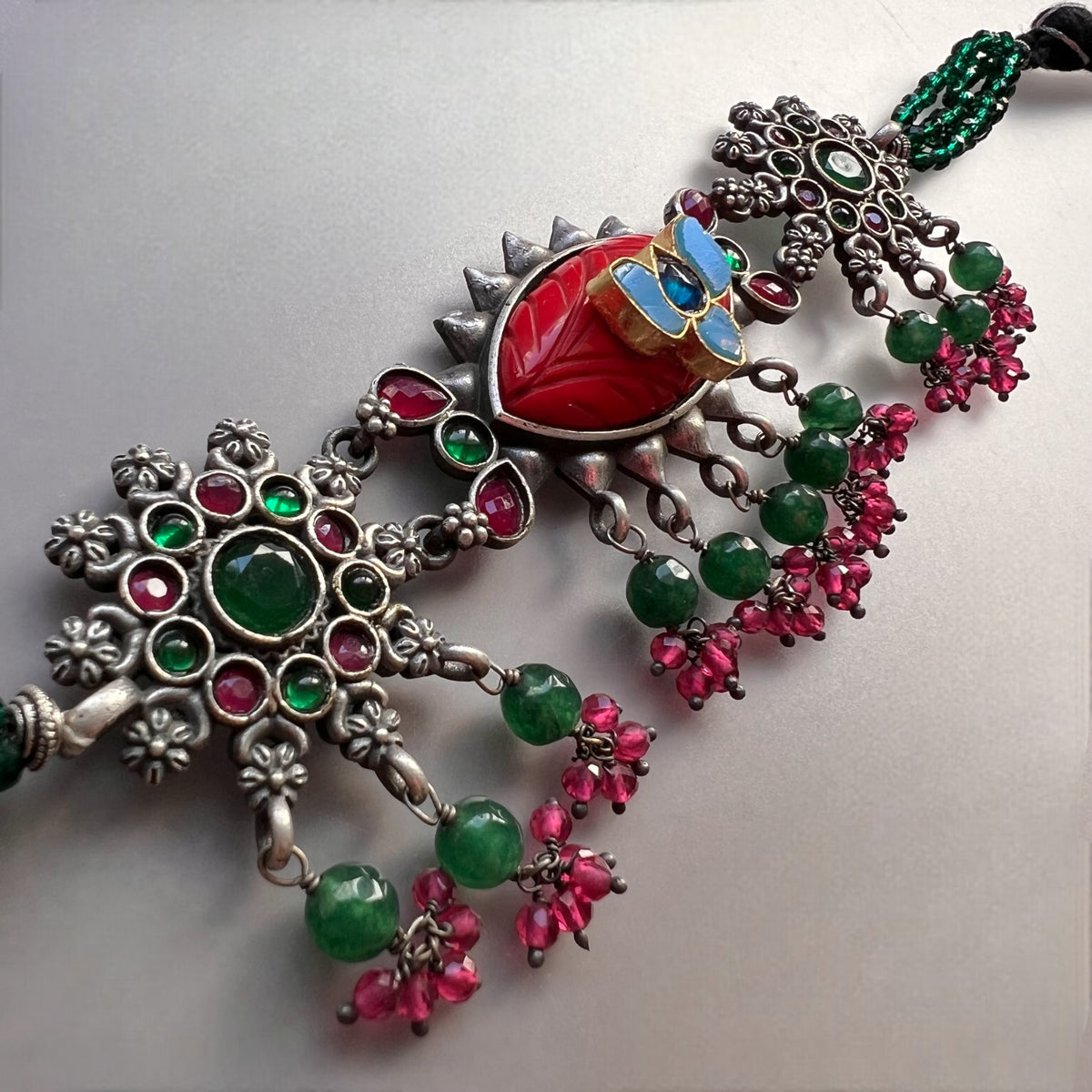 MEDHA SILVER LOOK ALIKE AND RUSTIC FINISH SEMI HANDMADE CHOKER WITH EARRINGS CH493