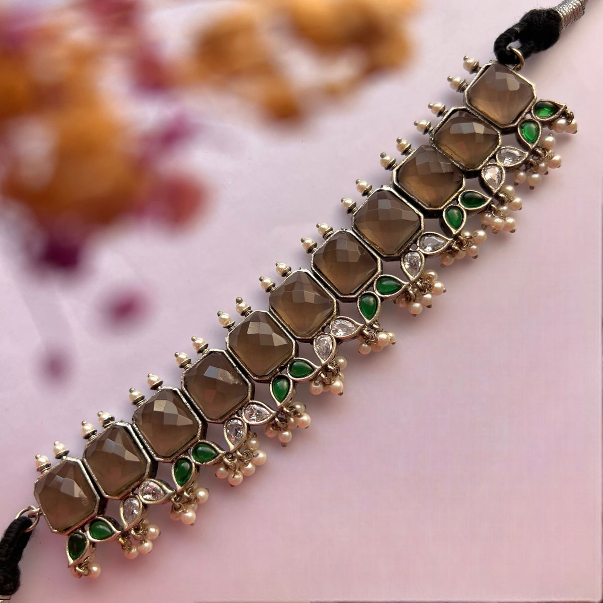 DHRITI SILVER LOOK ALIKE AND RUSTIC FINISH CHOKER WITH EARRINGS CH491