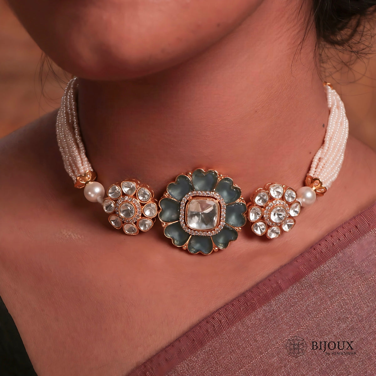 BINAL BIJOUX PREMIUM AND EXCLUSIVE POLKI HANDMADE CHOKER WITH EARRINGS CH205