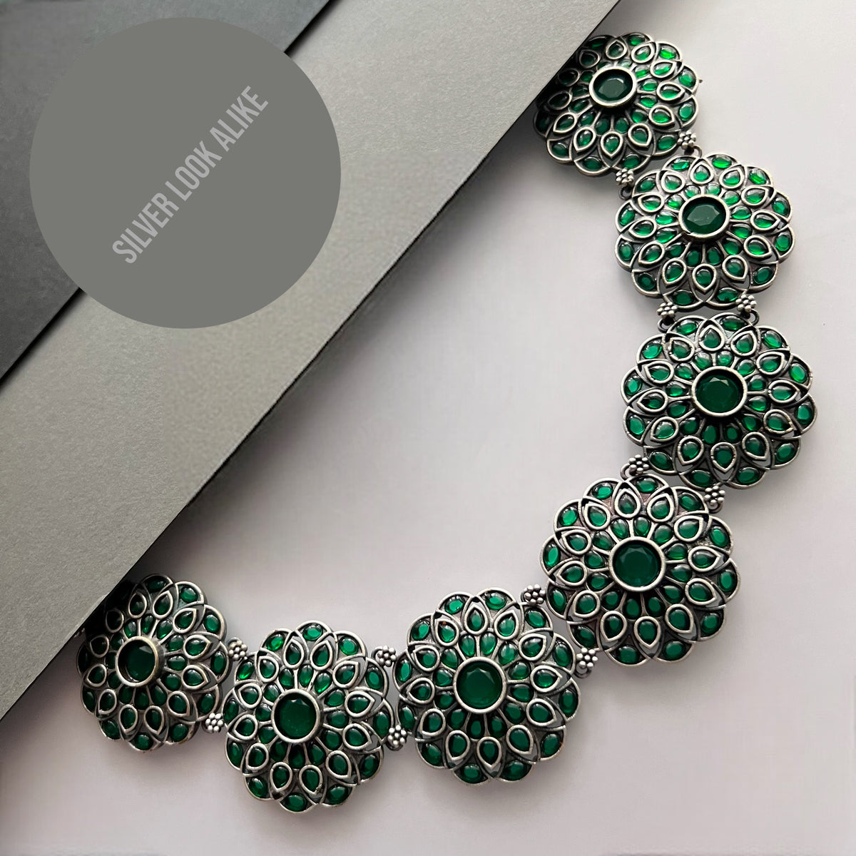 BRUNDHA FAUX SILVER SEMI HANDMADE ANTIQUE NECKPIECE/NECKLACE WITH EARRING NL262