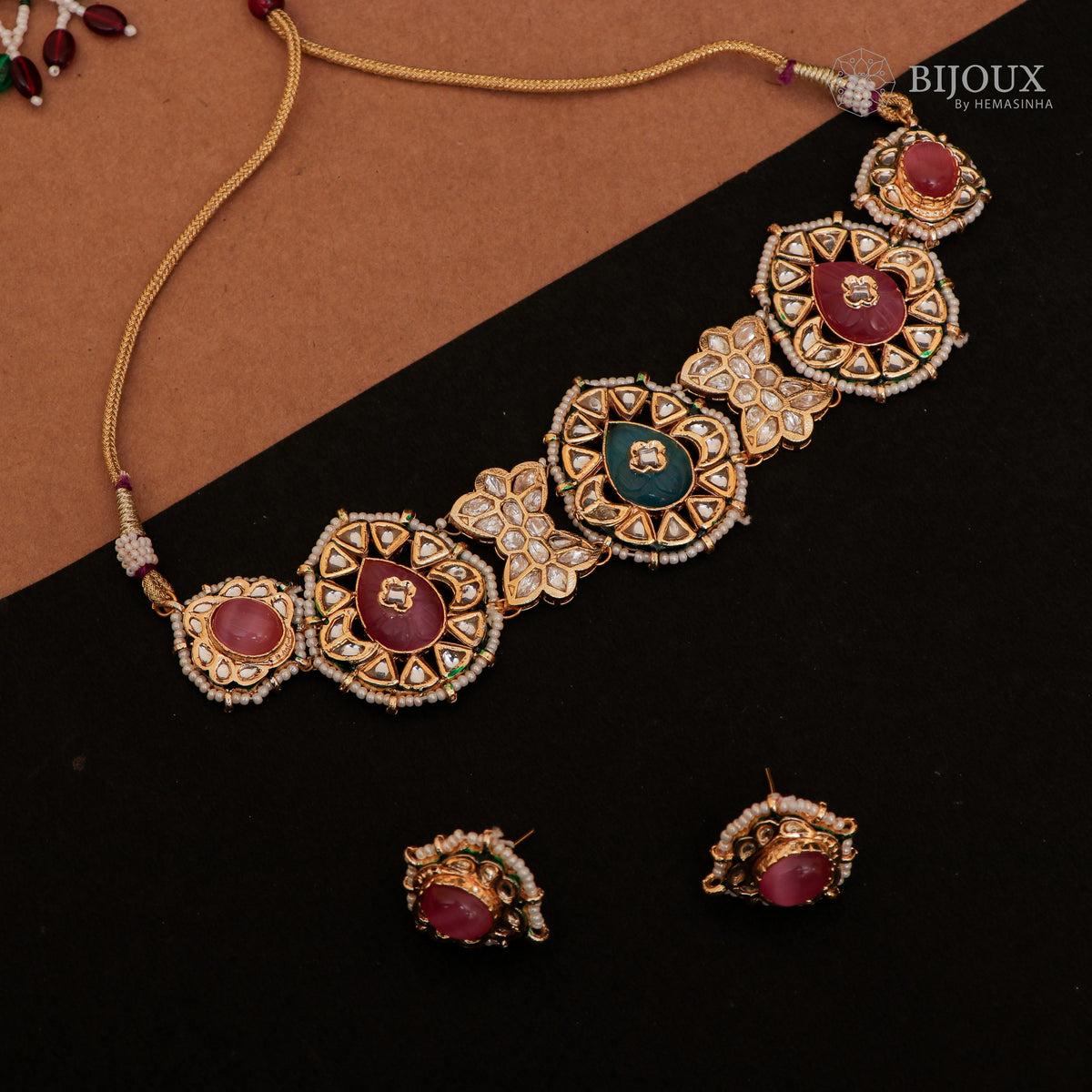 RYLEE BIJOUX PREMIUM KUNDAN SEMI HANDMADE CHOKER WITH EARRINGS CH207