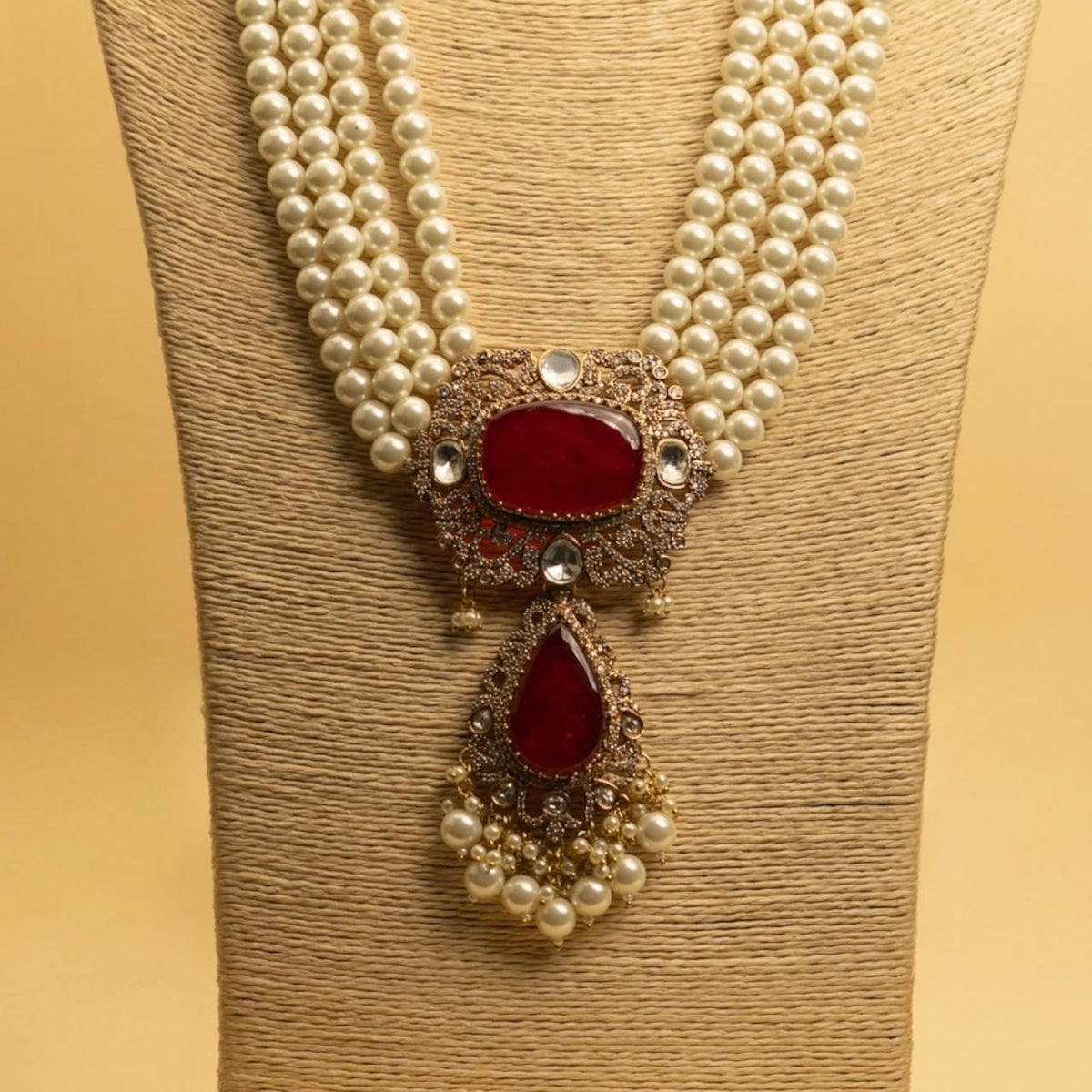 VINOBA BRIDAL PREMIUM DOUBLET STONE PEARL AND POLKI HANDMADE NECKLACE WITH EARRING NL306