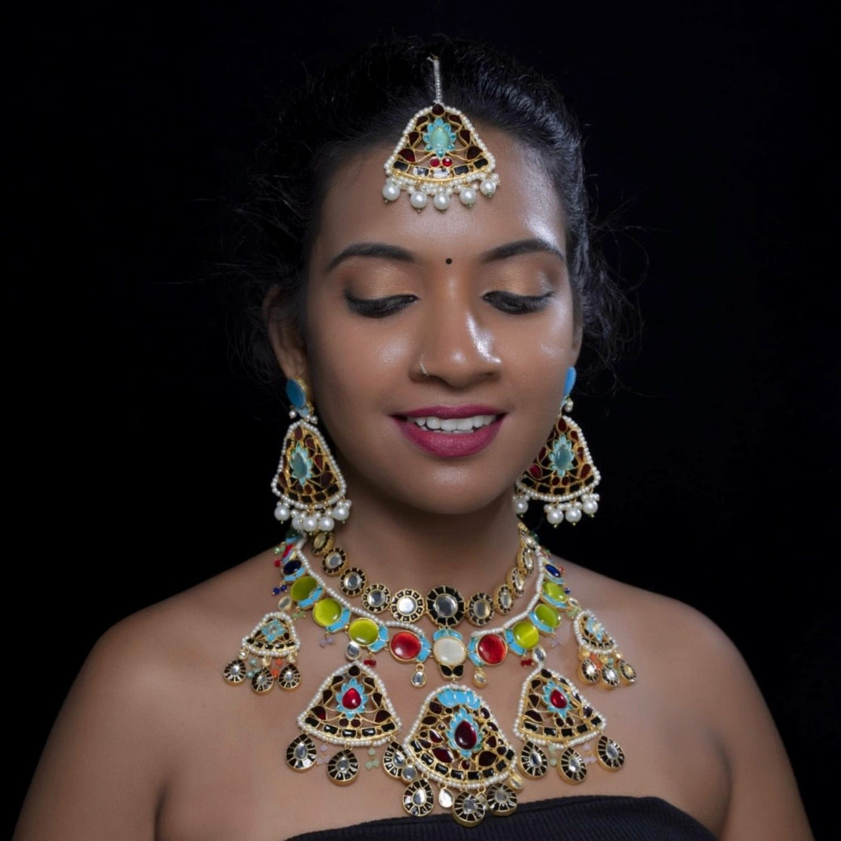 METHI SEMI HANDMADE HALDI NECKLACE WITH EARRING AND TIKKA NL53