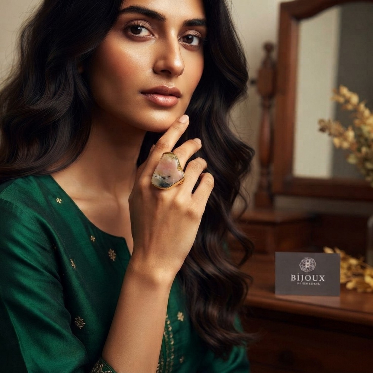 DAKSHA PREMIUM HANDMADE AND HAND HAMMERED NATURAL STONE GOLD TONED RING R108