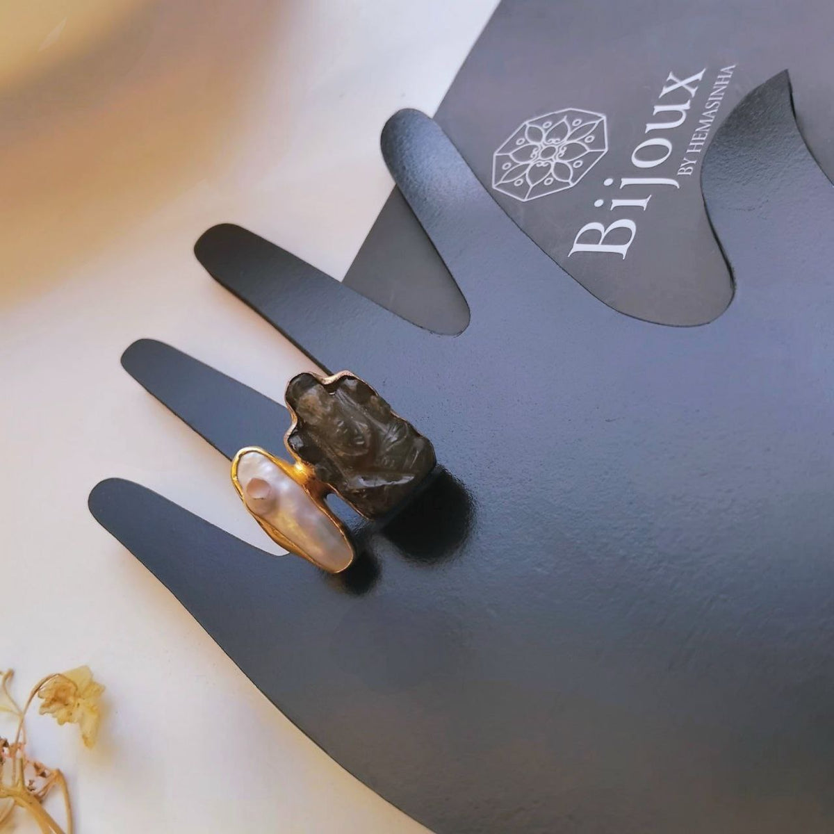 GANESH PREMIUM HANDMADE AND HAND HAMMERED TEMPLE CARVING STONE GOLD TONED RING R107