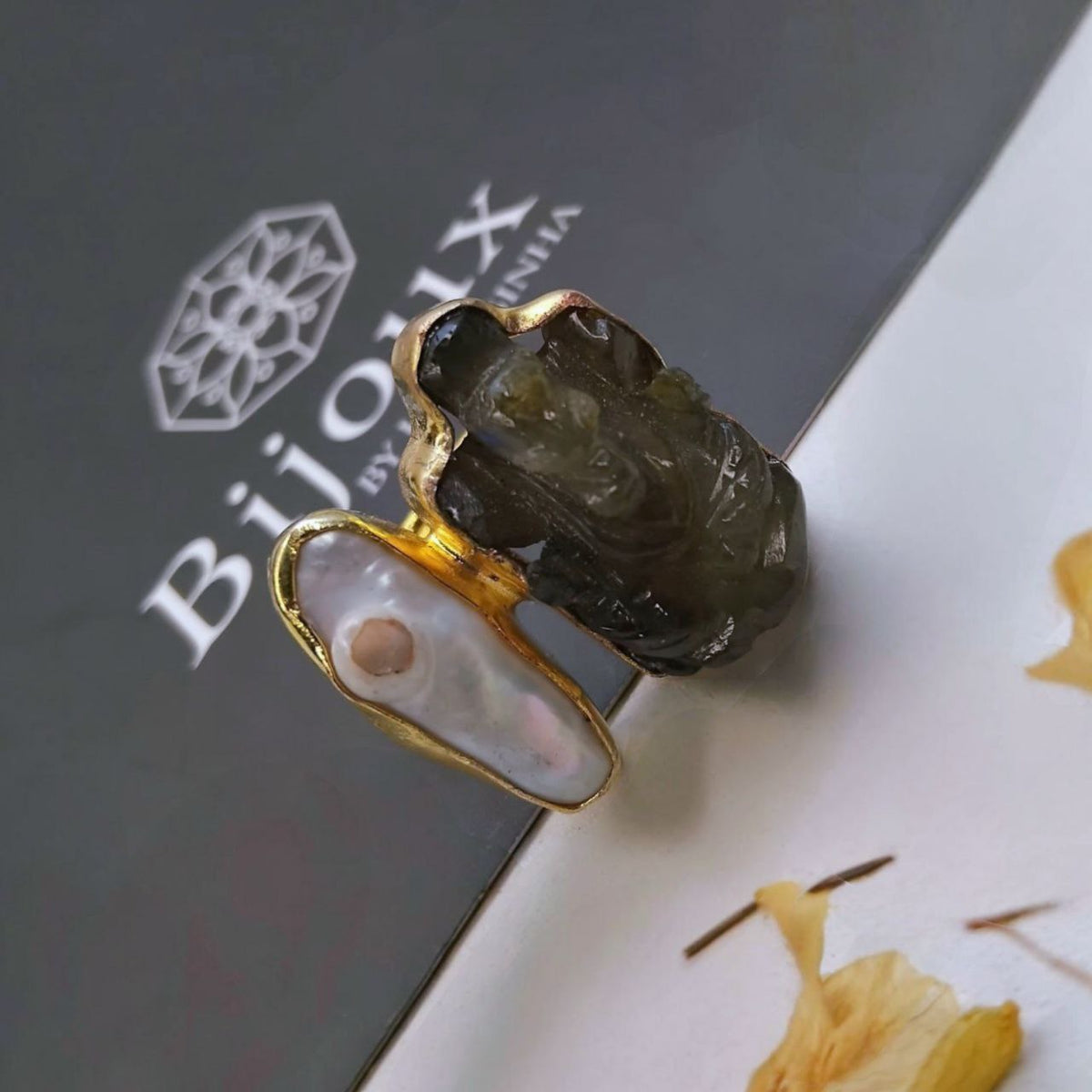 GANESH PREMIUM HANDMADE AND HAND HAMMERED TEMPLE CARVING STONE GOLD TONED RING R107