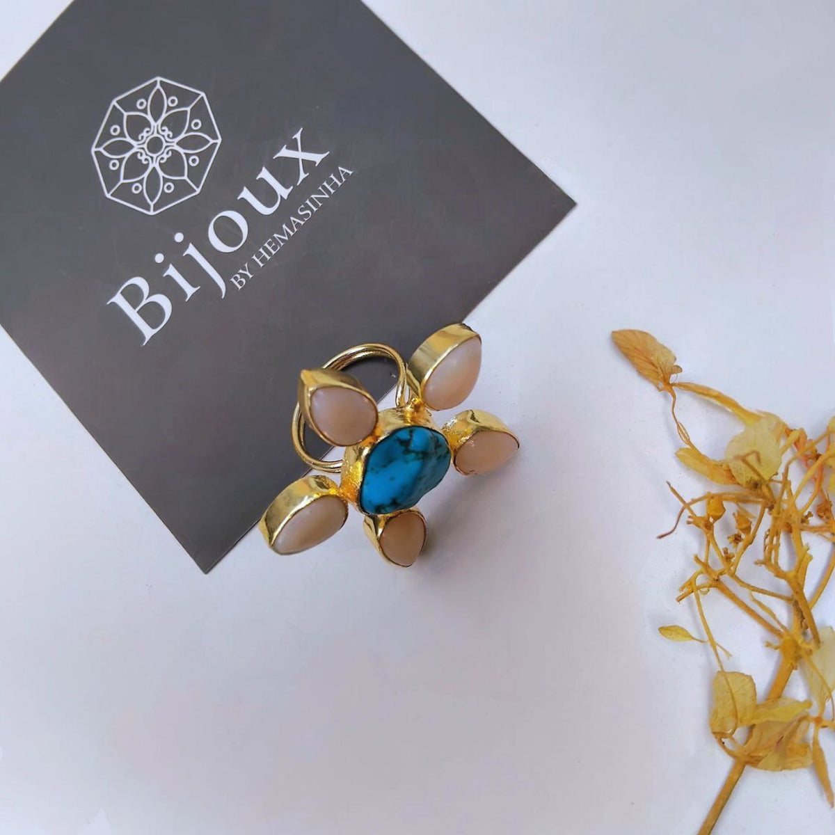 HARSHA PREMIUM HANDMADE NATURAL STONE GOLD TONED RING R110