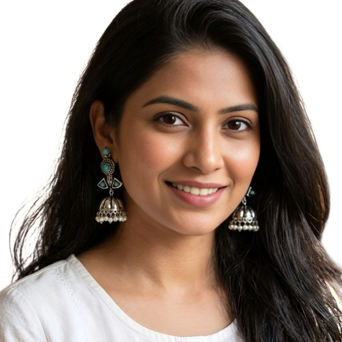 WILLOW FAUX SILVER SEMI HANDMADE ANTIQUE EARRINGS/JHUMKAS ER825