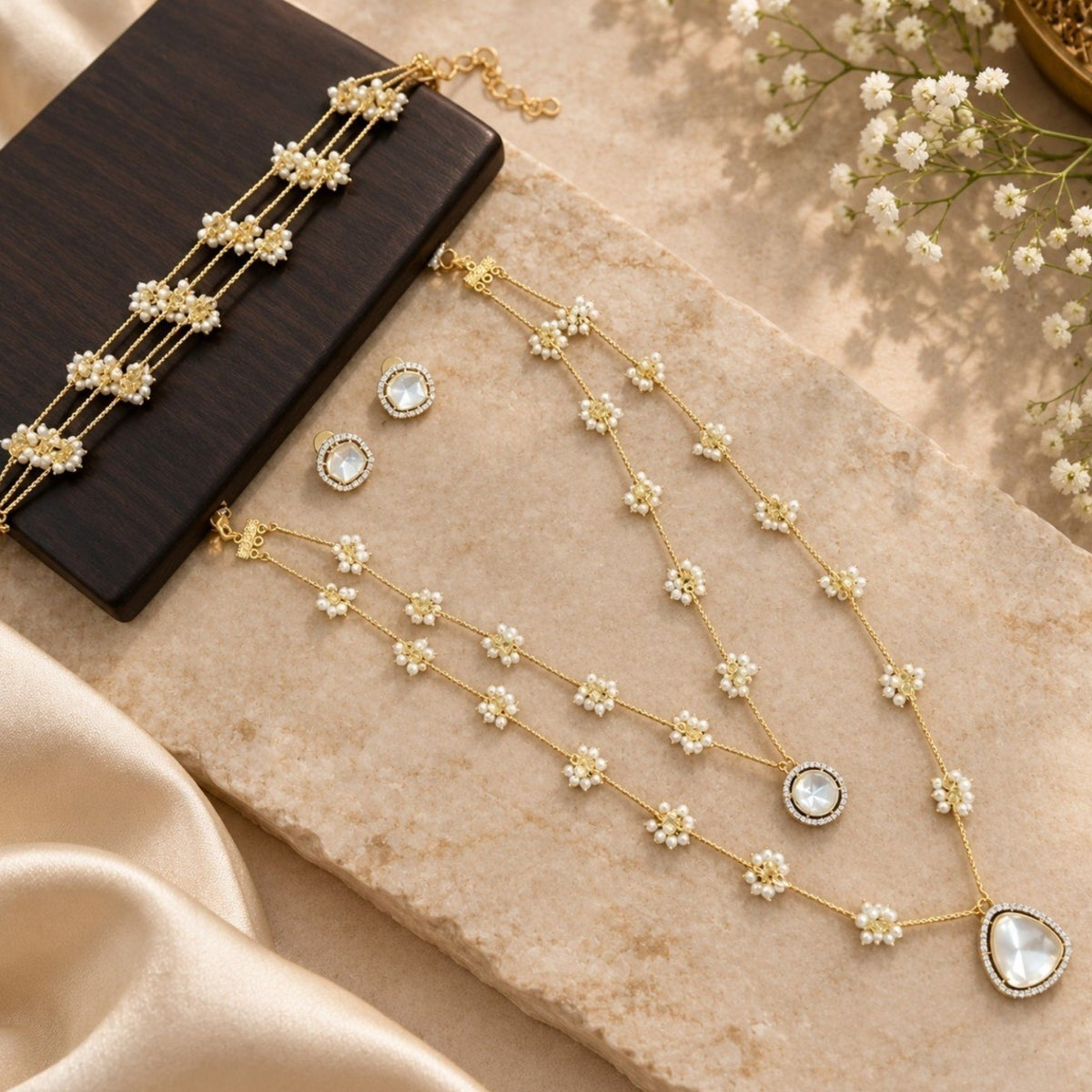 SAVINA HANDMADE POLKI WITH ZIRCON STONES PREMIUM NECKPIECE / MALA WITH CHOKER AND EARRING SET ML252