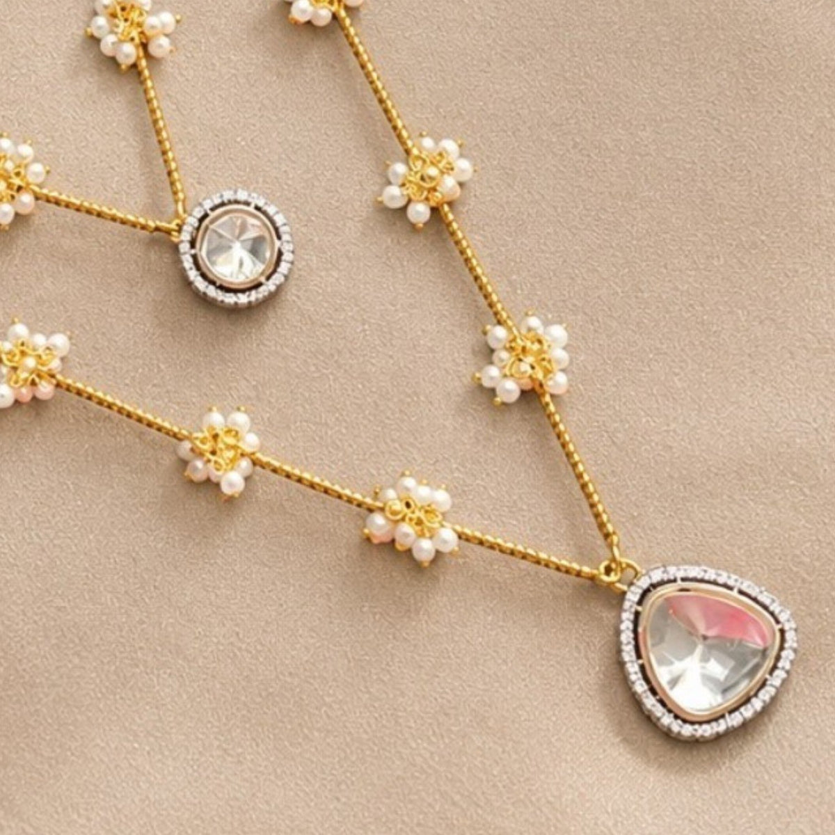SAVINA HANDMADE POLKI WITH ZIRCON STONES PREMIUM NECKPIECE / MALA WITH CHOKER AND EARRING SET ML252