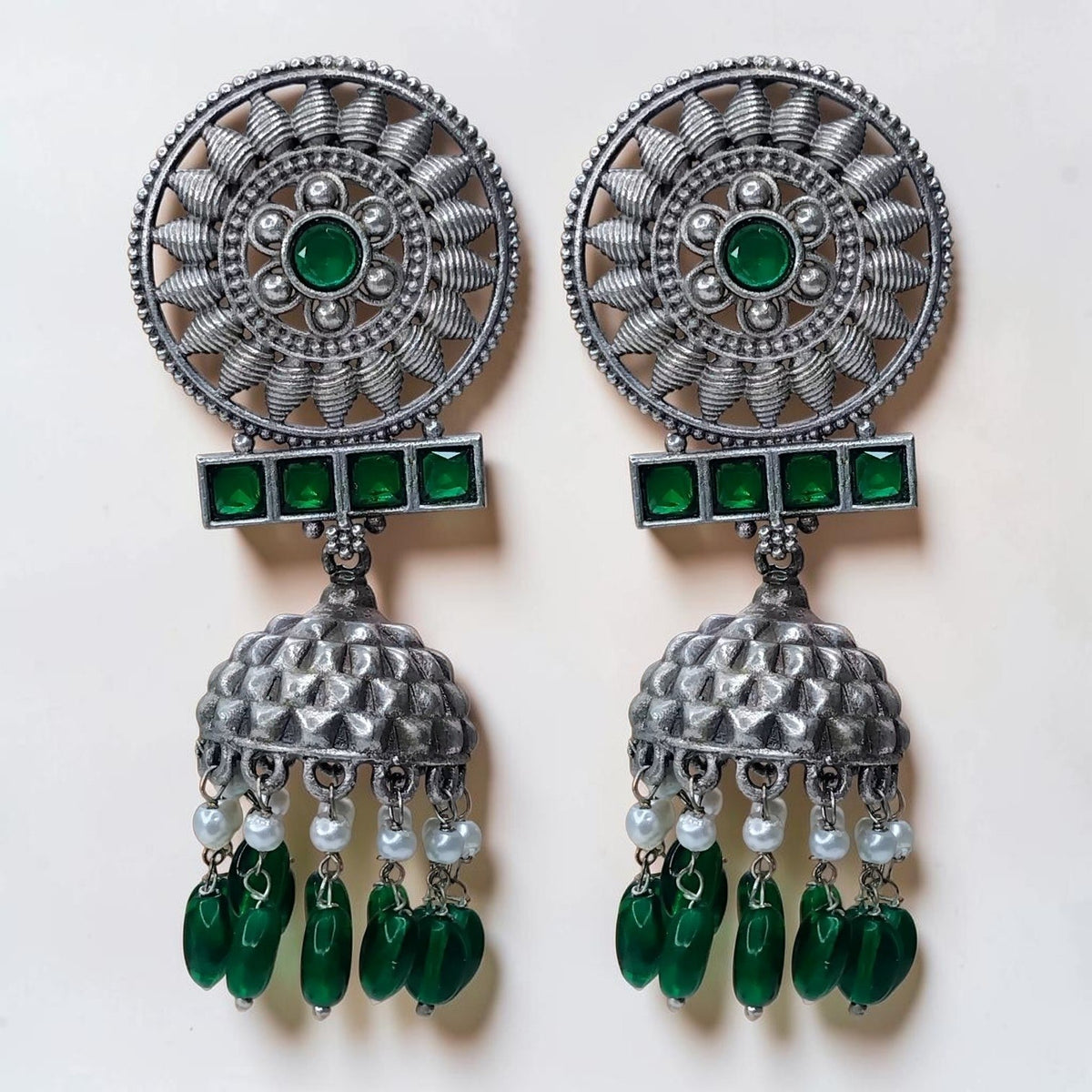 AAROHI FAUX SILVER SEMI HANDMADE RAW AND RUSTIC EARRINGS/JHUMKAS ER731