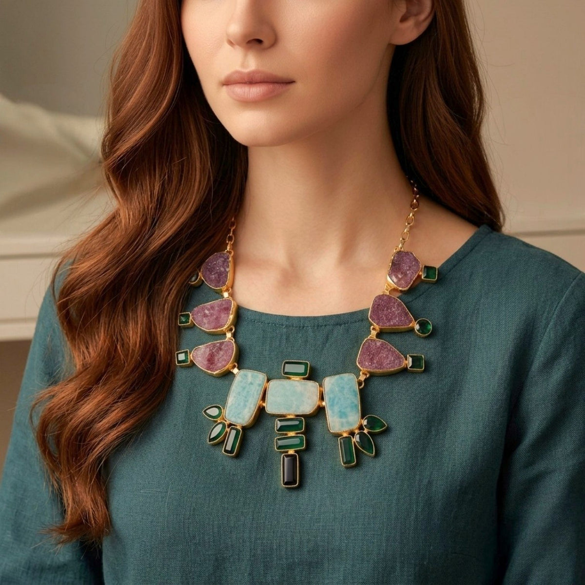 AHAGANA HANDMADE  RAW NATURAL AND GLASS STONE AND MALA/NECKPIECE ML224
