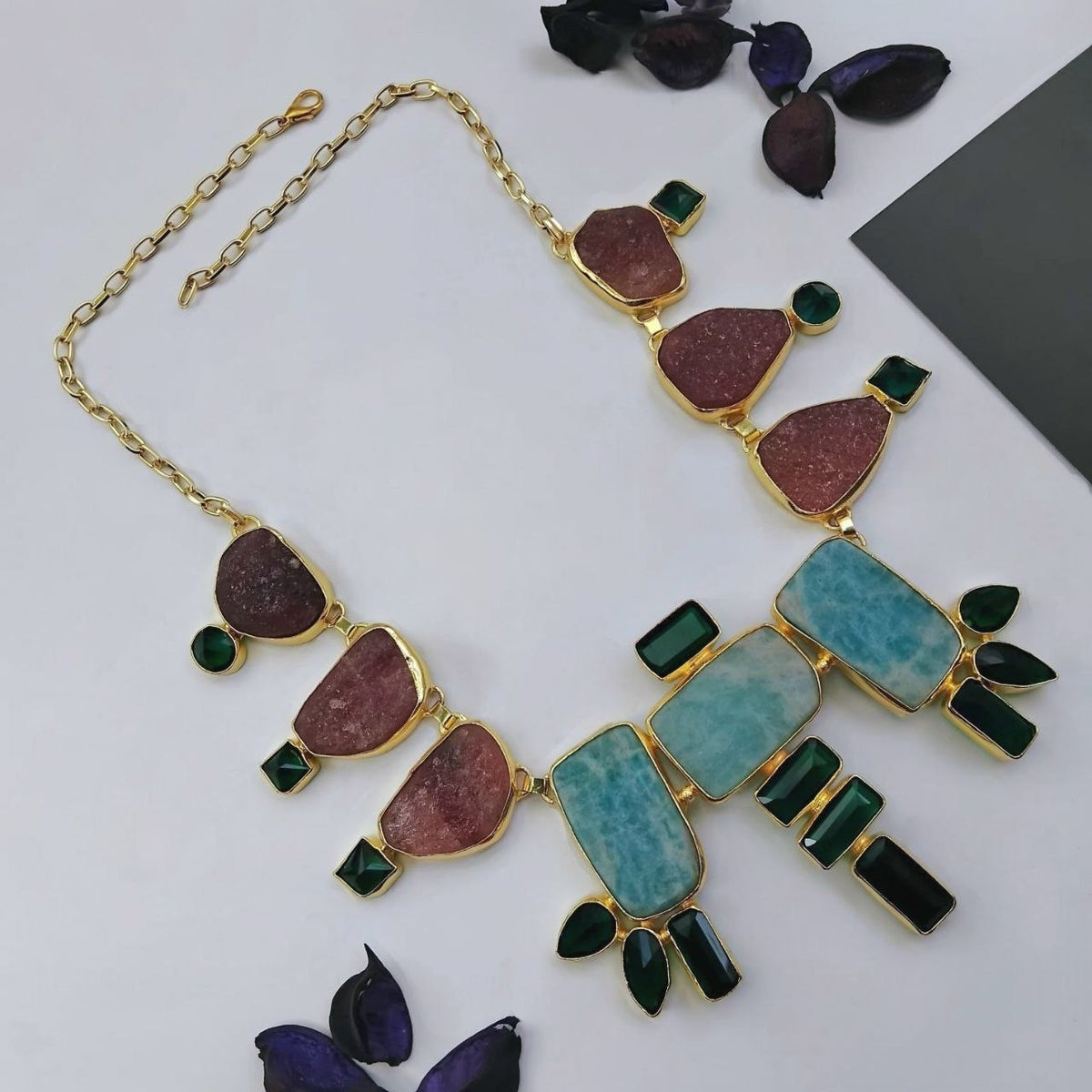 AHAGANA HANDMADE  RAW NATURAL AND GLASS STONE AND MALA/NECKPIECE ML224