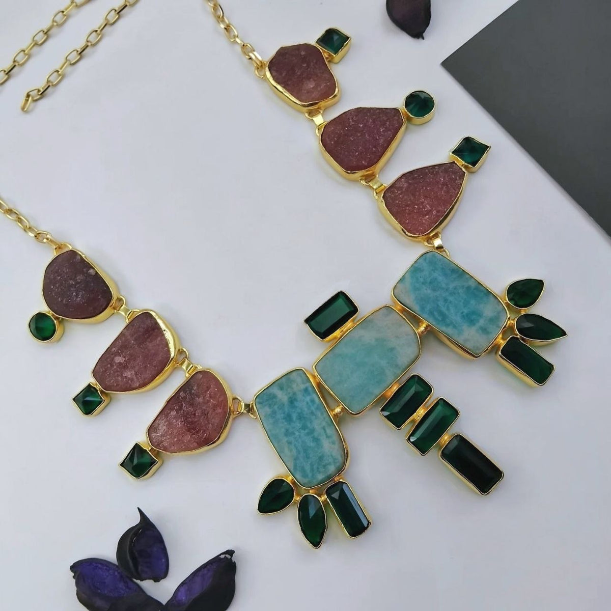 AHAGANA HANDMADE  RAW NATURAL AND GLASS STONE AND MALA/NECKPIECE ML224