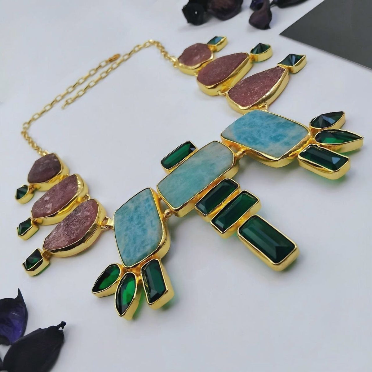 AHAGANA HANDMADE  RAW NATURAL AND GLASS STONE AND MALA/NECKPIECE ML224
