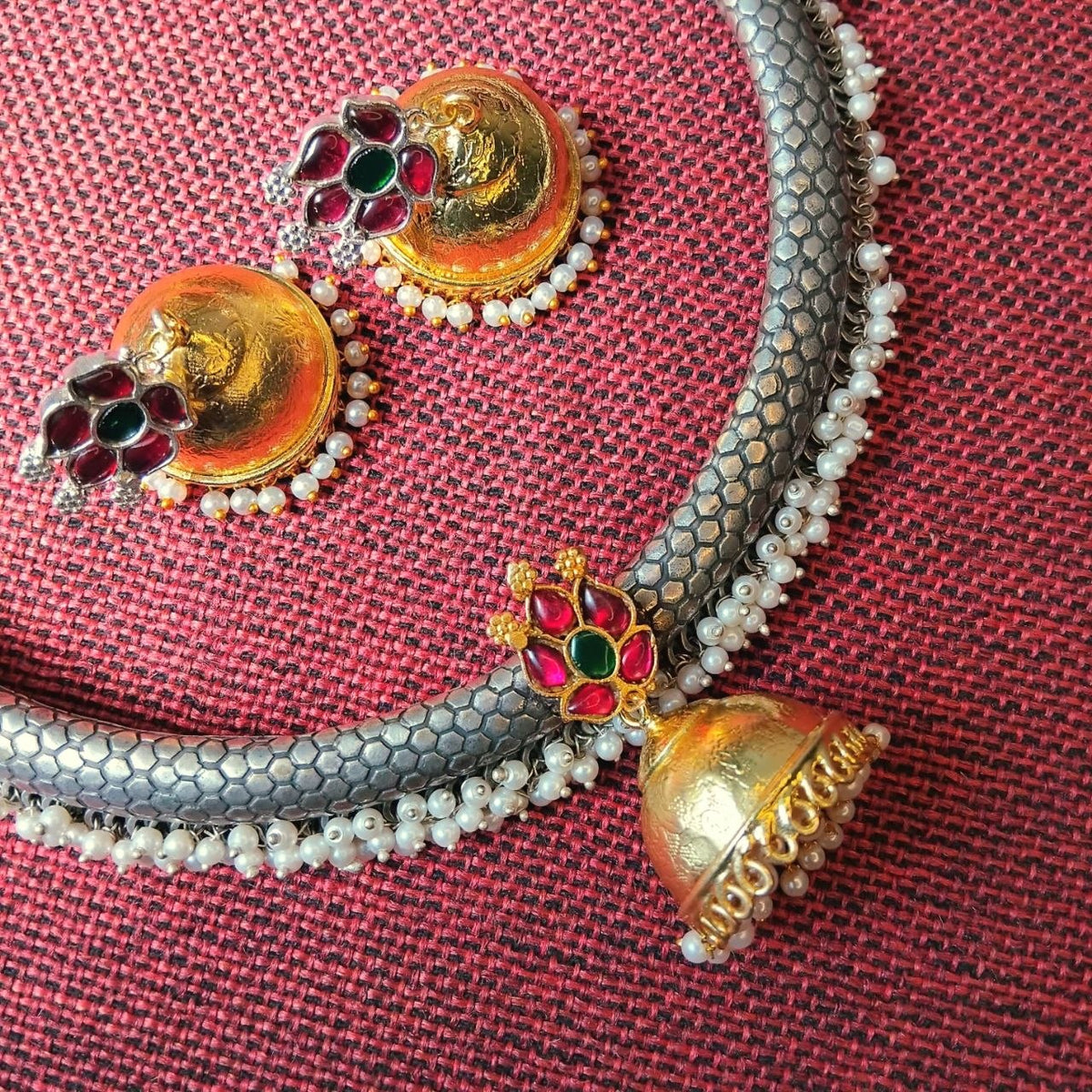 RITHVIKA BIJOUX PREMIUM DUAL TONED HANDMADE NECKLACE/HASLI WITH EARRINGS NL352