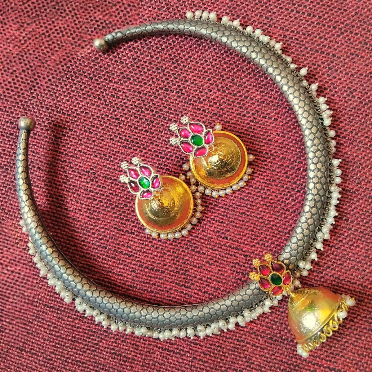 RITHVIKA BIJOUX PREMIUM DUAL TONED HANDMADE NECKLACE/HASLI WITH EARRINGS NL352