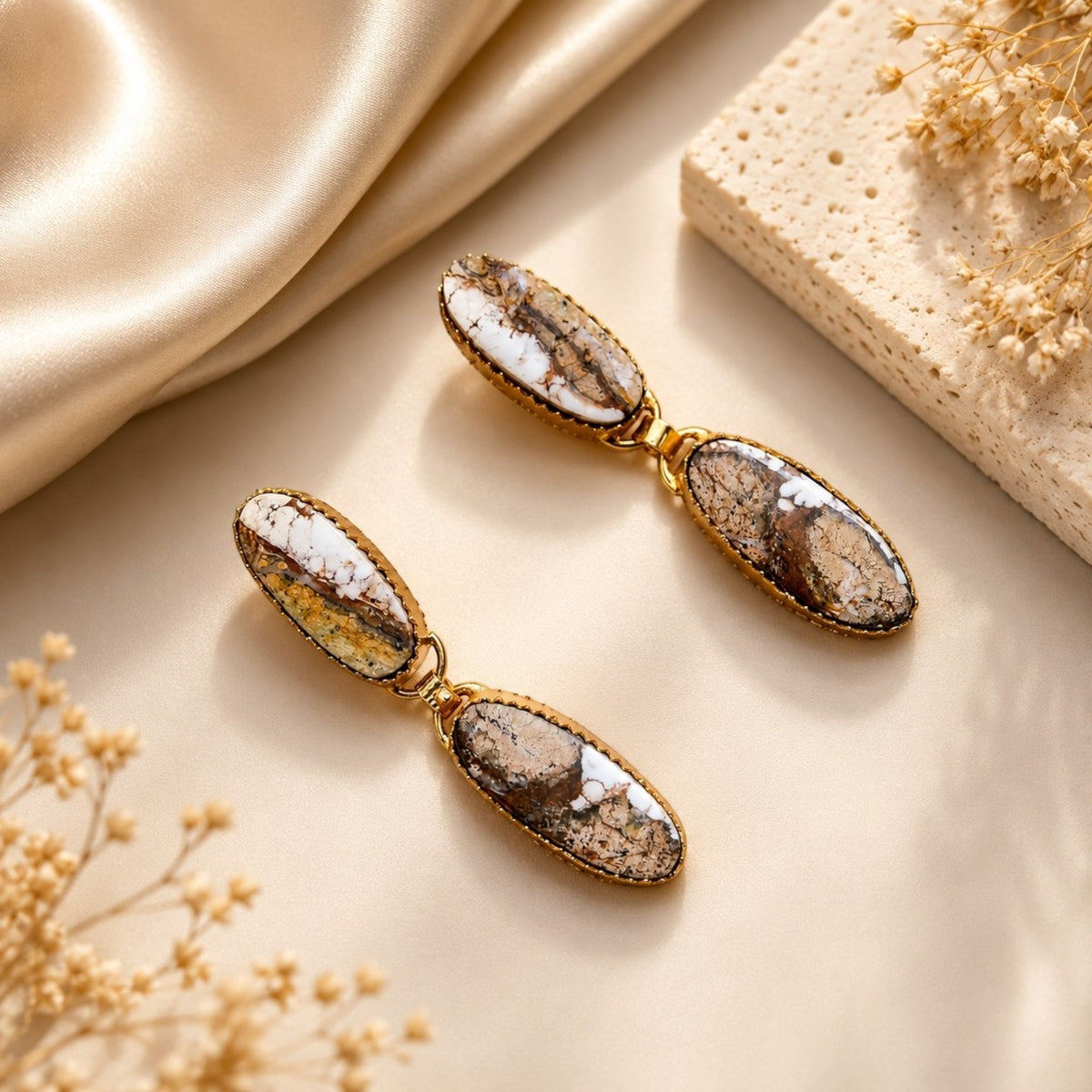 RIHANNA HANDMADE NATURAL STONE GOLD TONED DANGLERS/EARRINGS ER953