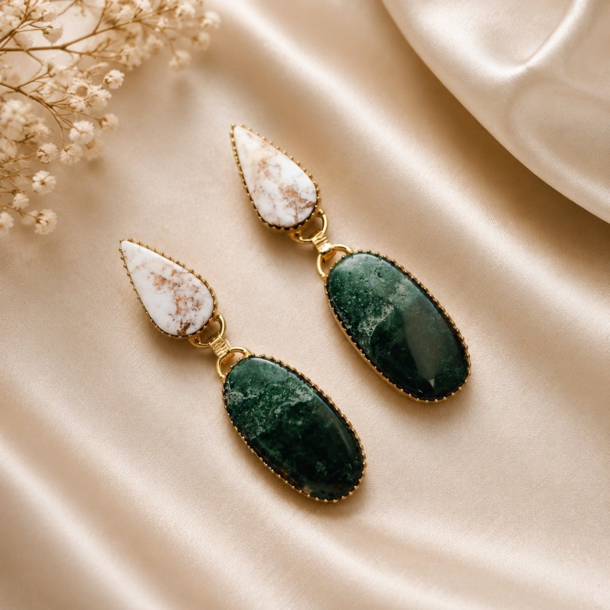 RIHANNA HANDMADE NATURAL STONE GOLD TONED DANGLERS/EARRINGS ER953