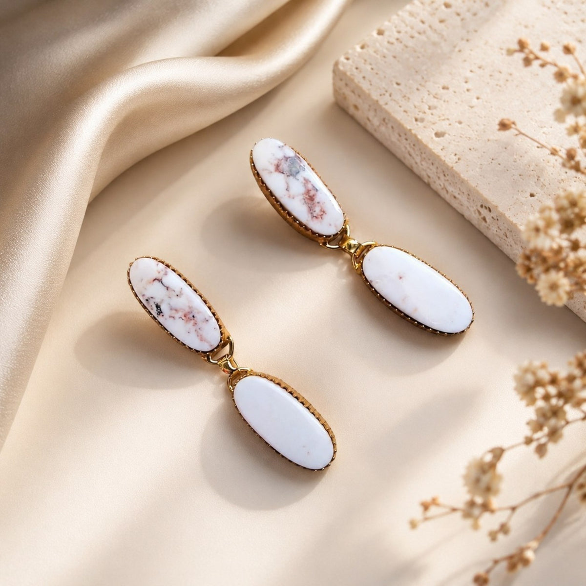 RIHANNA HANDMADE NATURAL STONE GOLD TONED DANGLERS/EARRINGS ER953