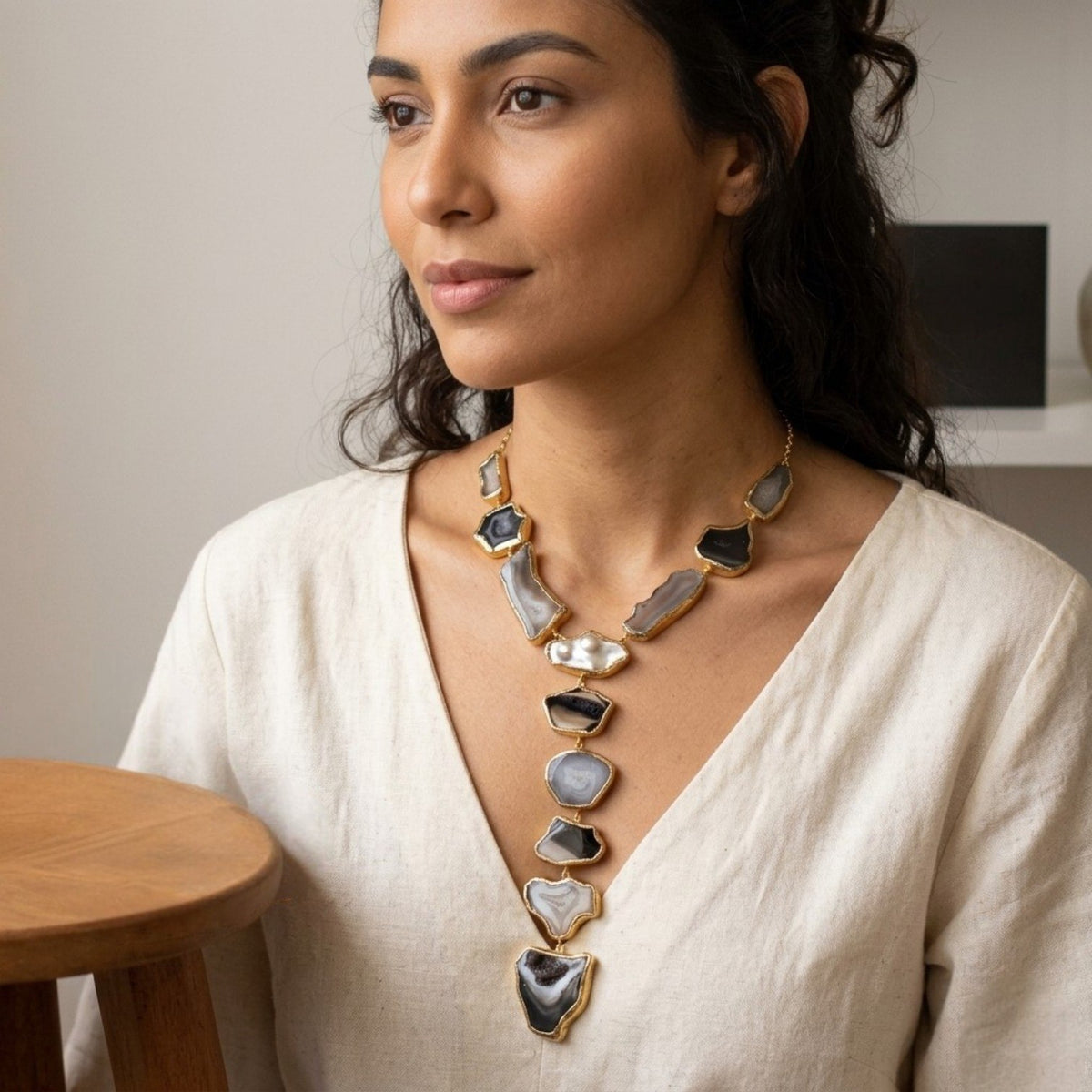 VIHANA HANDMADE NATURAL AGATE STONE TIE NECKLACE ML234