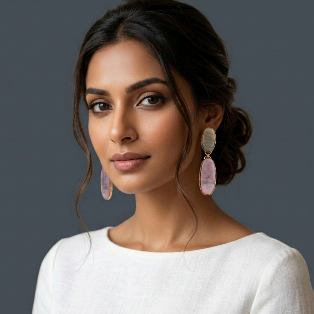 RIHANNA HANDMADE NATURAL STONE GOLD TONED DANGLERS/EARRINGS ER953
