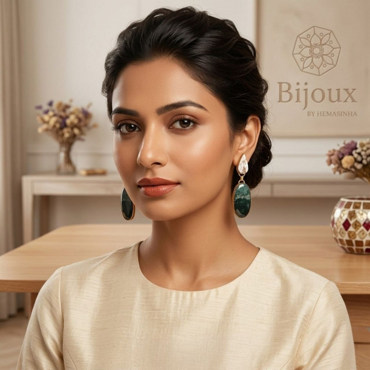 RIHANNA HANDMADE NATURAL STONE GOLD TONED DANGLERS/EARRINGS ER953