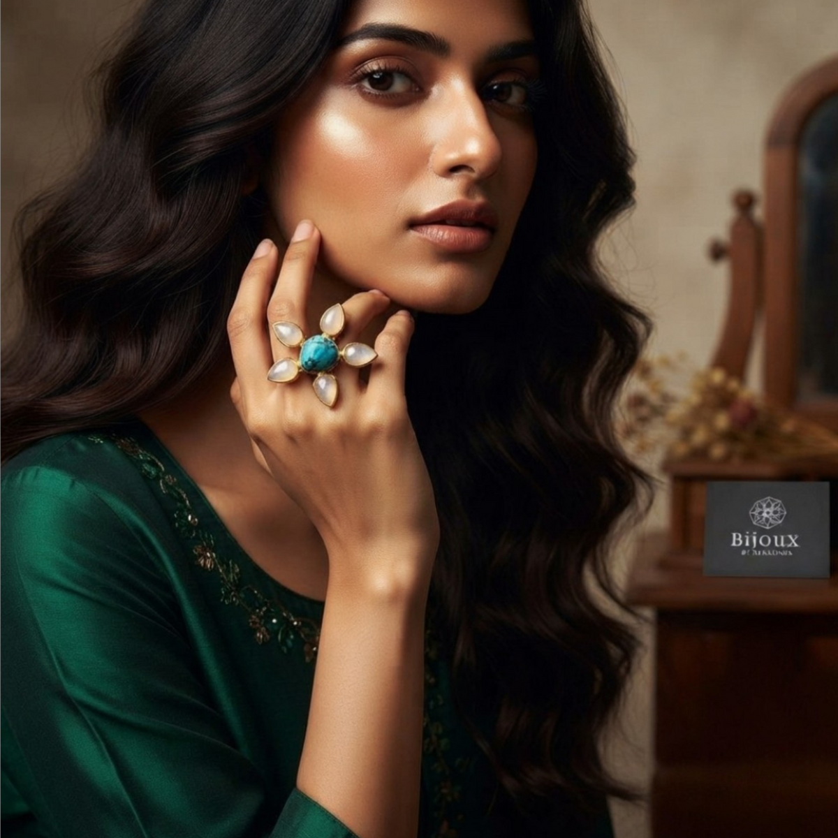 HARSHA PREMIUM HANDMADE NATURAL STONE GOLD TONED RING R110