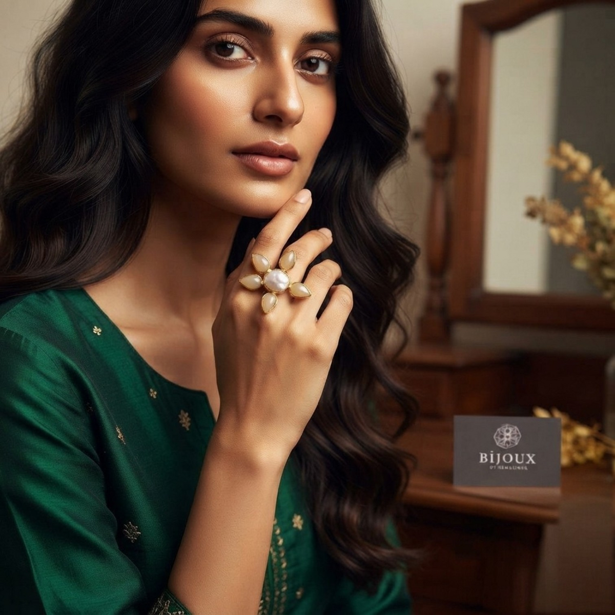 HARSHA PREMIUM HANDMADE NATURAL STONE GOLD TONED RING R110